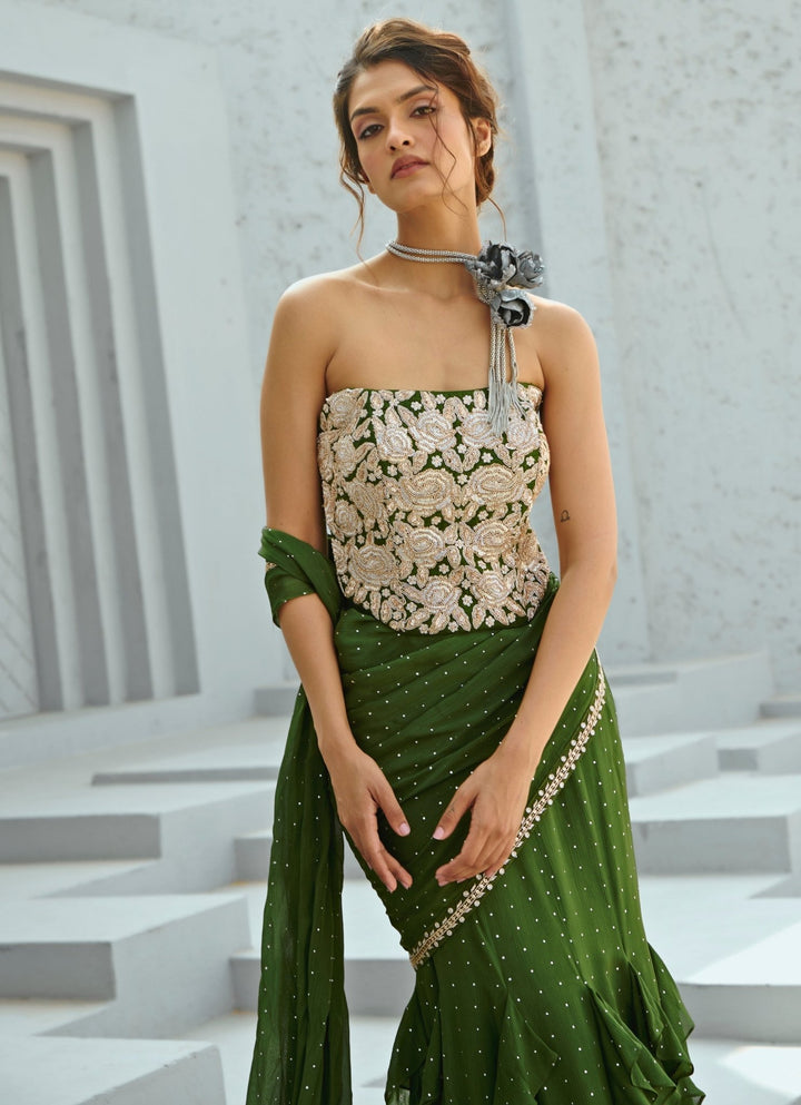 Green Embroidered And Pre Stitched Georgette Saree With Corset Chamee and Palak - Fabilicious Fashion