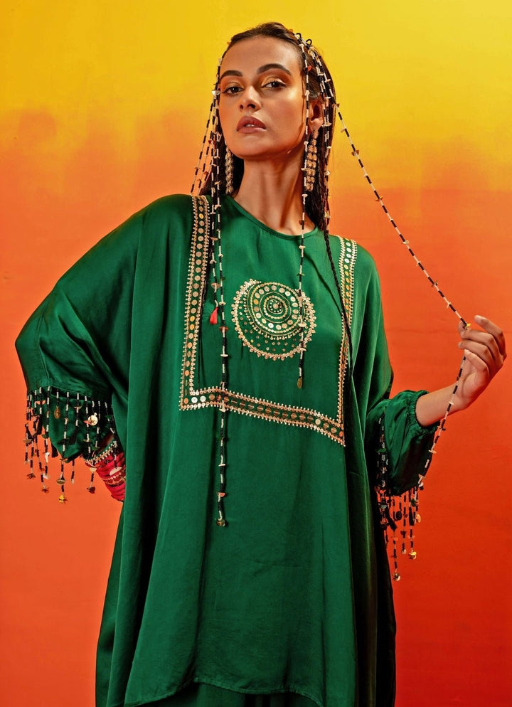 Green Embroidered Anti - Fit Tunic And Dhoti Skirt Set Prahnaaya - Fabilicious Fashion