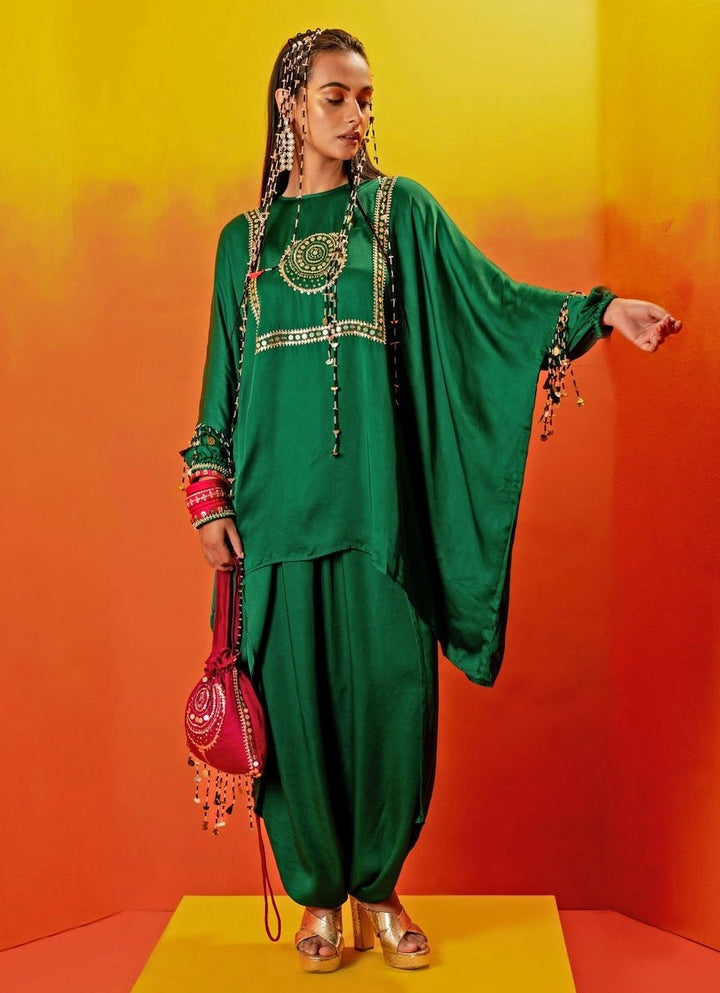 Green Embroidered Anti - Fit Tunic And Dhoti Skirt Set Prahnaaya - Fabilicious Fashion