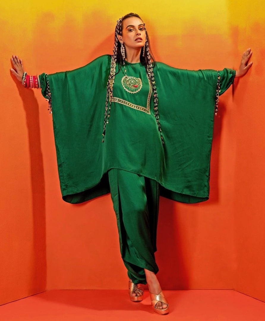 Green Embroidered Anti - Fit Tunic And Dhoti Skirt Set Prahnaaya - Fabilicious Fashion