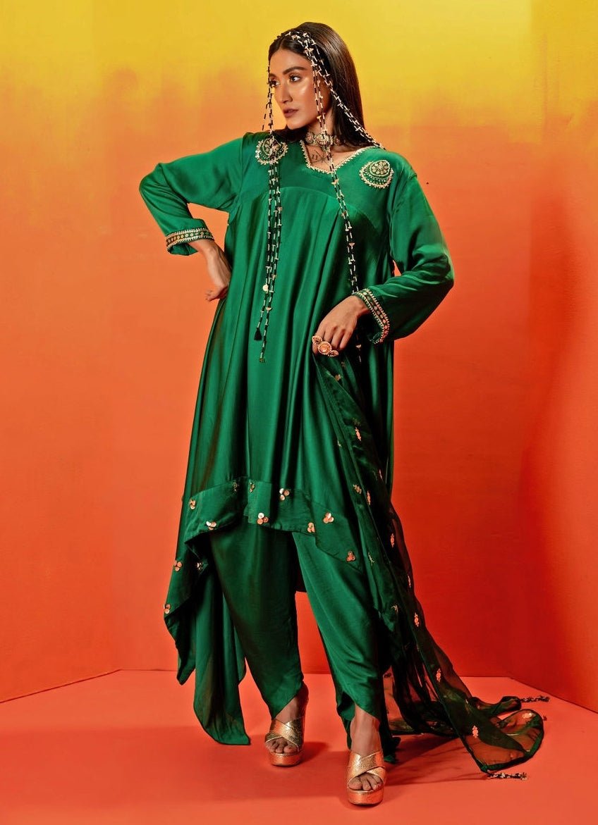 Green Embroidered Asymmetric Kurta Dhoti Set Prahnaaya - Fabilicious Fashion