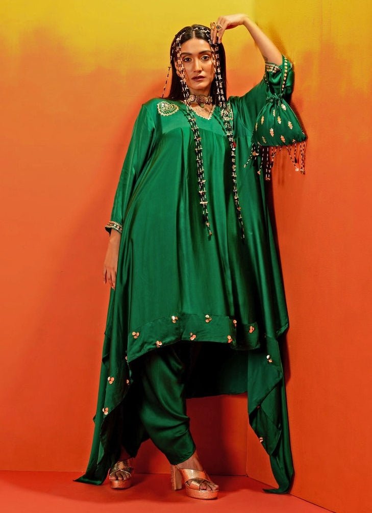 Green Embroidered Asymmetric Kurta Dhoti Set Prahnaaya - Fabilicious Fashion