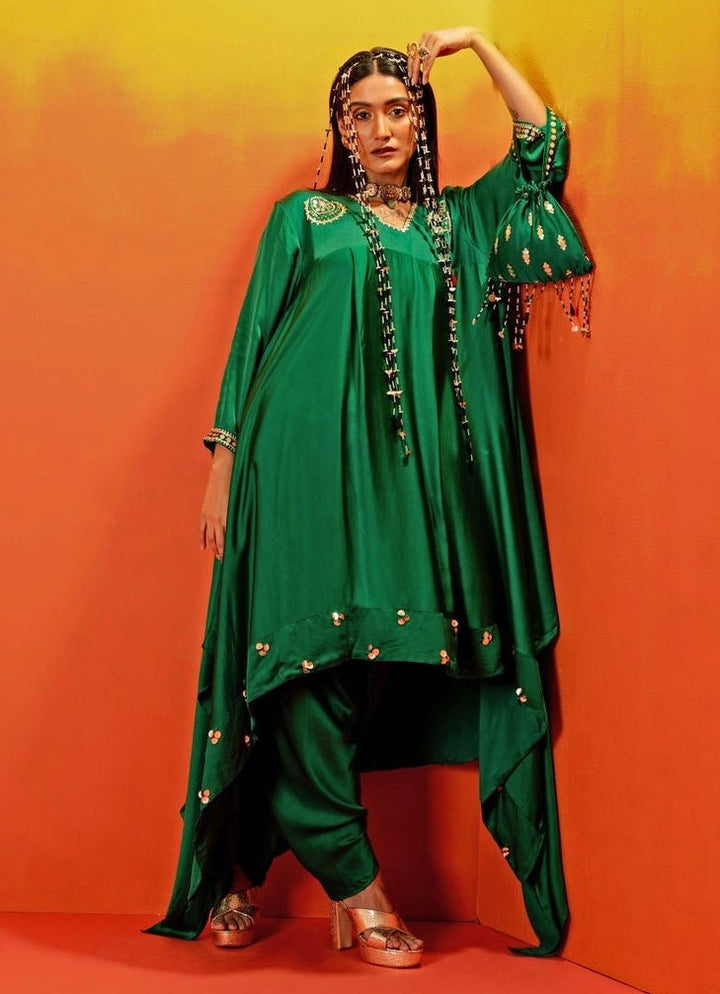 Green Embroidered Asymmetric Kurta Dhoti Set Prahnaaya - Fabilicious Fashion