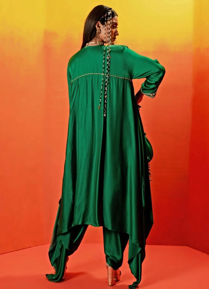 Green Embroidered Asymmetric Kurta Dhoti Set Prahnaaya - Fabilicious Fashion