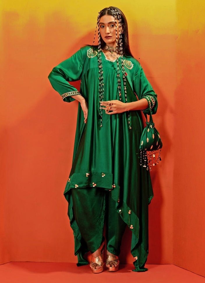 Green Embroidered Asymmetric Kurta With Dhoti Prahnaaya - Fabilicious Fashion