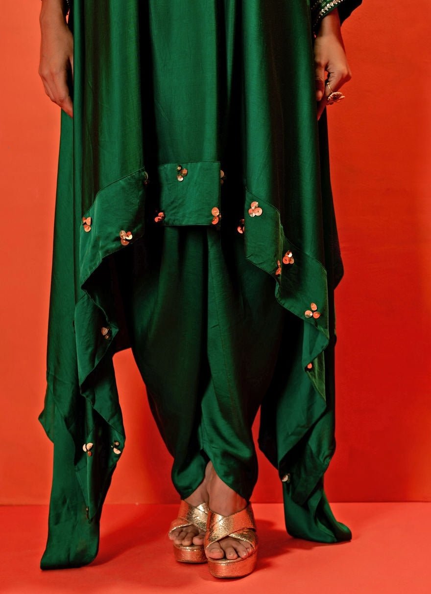 Green Embroidered Asymmetric Kurta With Dhoti Prahnaaya - Fabilicious Fashion