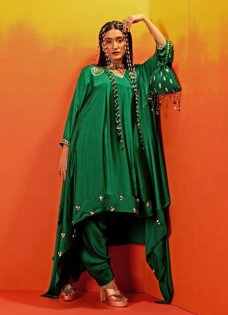 Green Embroidered Asymmetric Kurta With Dhoti Prahnaaya - Fabilicious Fashion