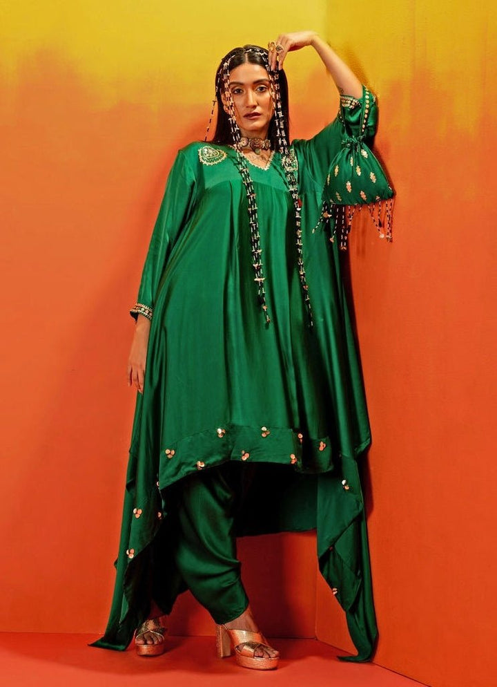 Green Embroidered Asymmetric Kurta With Dhoti Prahnaaya - Fabilicious Fashion