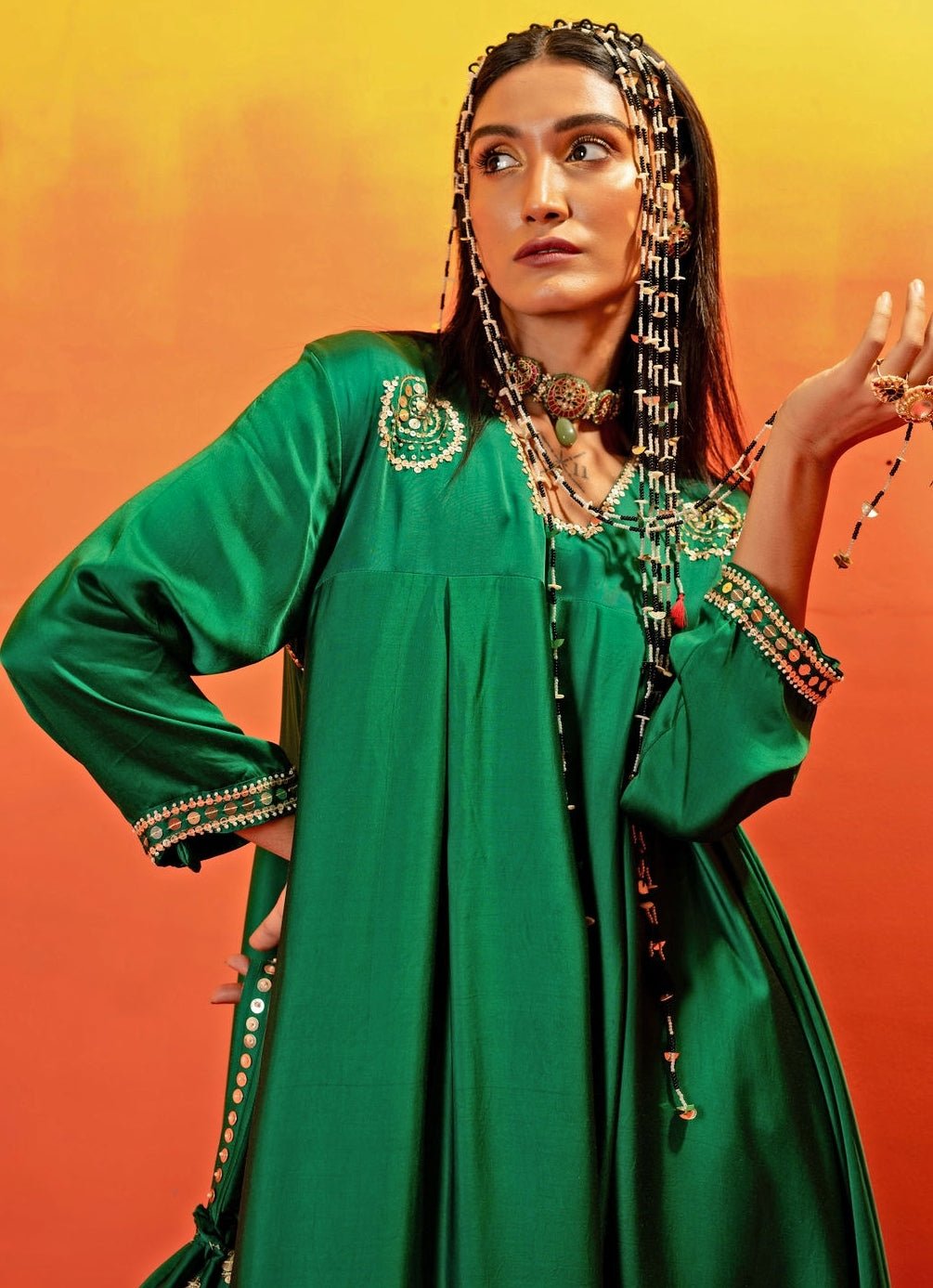 Green Embroidered Asymmetric Kurta With Dhoti Prahnaaya - Fabilicious Fashion