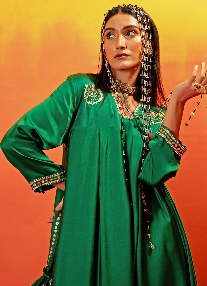 Green Embroidered Asymmetric Kurta With Dhoti Prahnaaya - Fabilicious Fashion