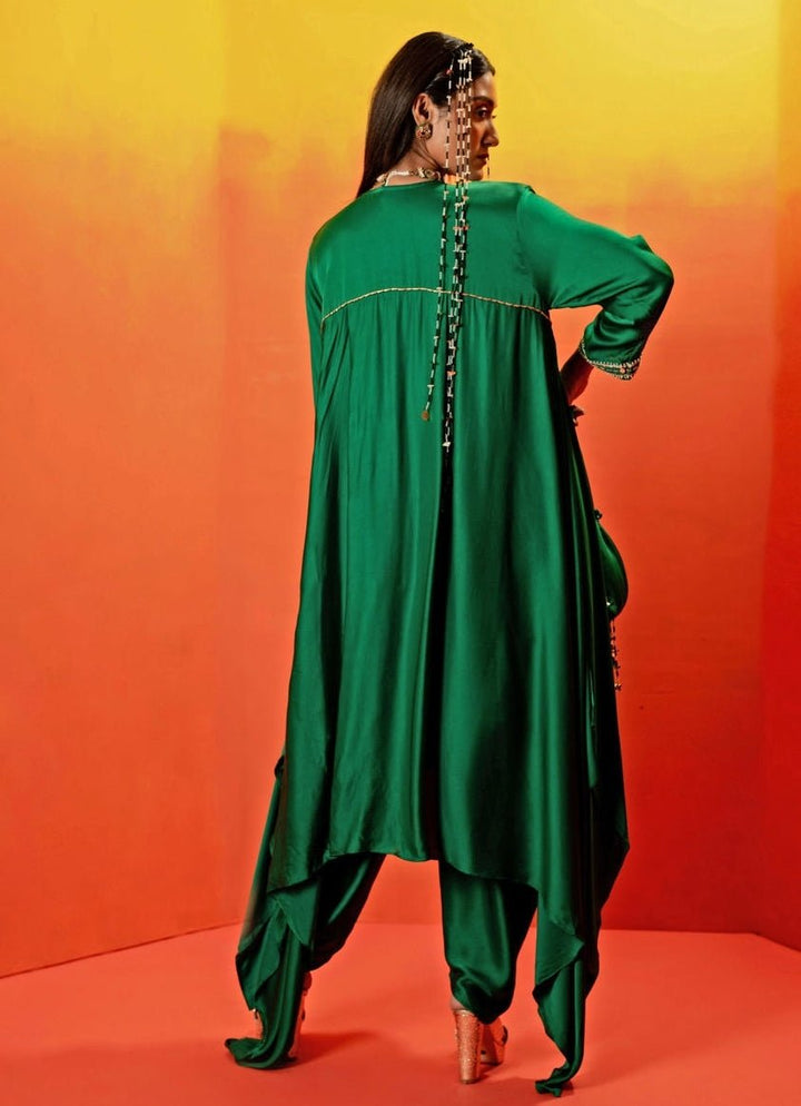 Green Embroidered Asymmetric Kurta With Dhoti Prahnaaya - Fabilicious Fashion