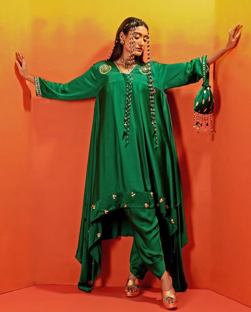 Green Embroidered Asymmetric Kurta With Dhoti Prahnaaya - Fabilicious Fashion
