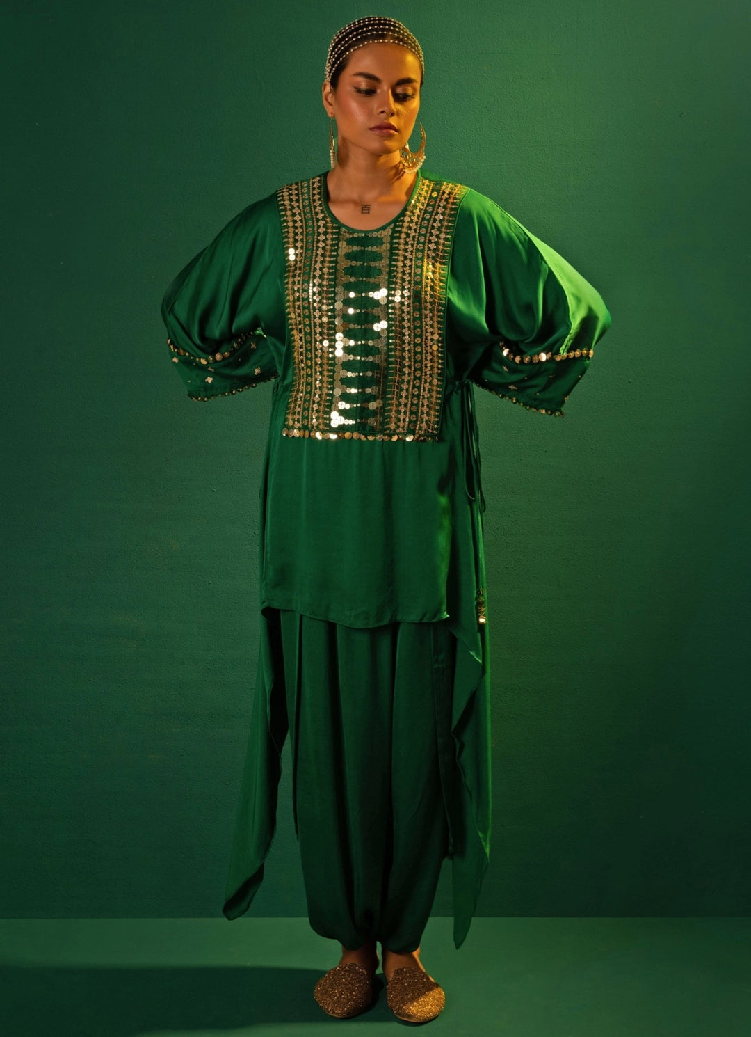 Green Embroidered Asymmetric Tunic And Dhoti Skirt Prahnaaya - Fabilicious Fashion
