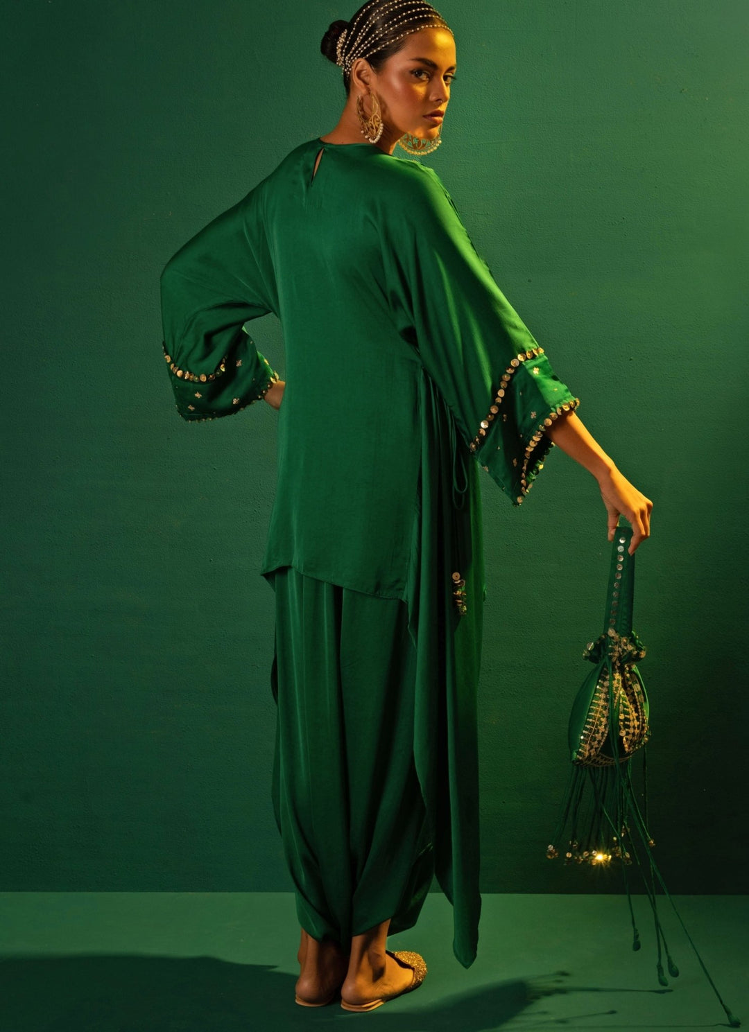 Green Embroidered Asymmetric Tunic And Dhoti Skirt Prahnaaya - Fabilicious Fashion