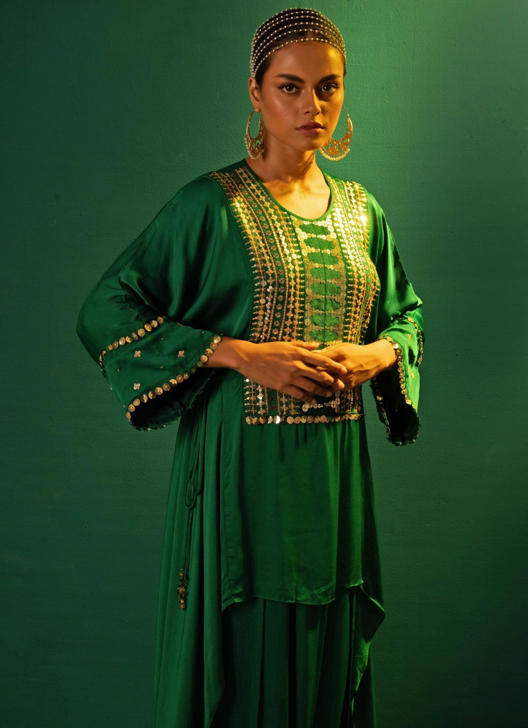 Green Embroidered Asymmetric Tunic And Dhoti Skirt Prahnaaya - Fabilicious Fashion