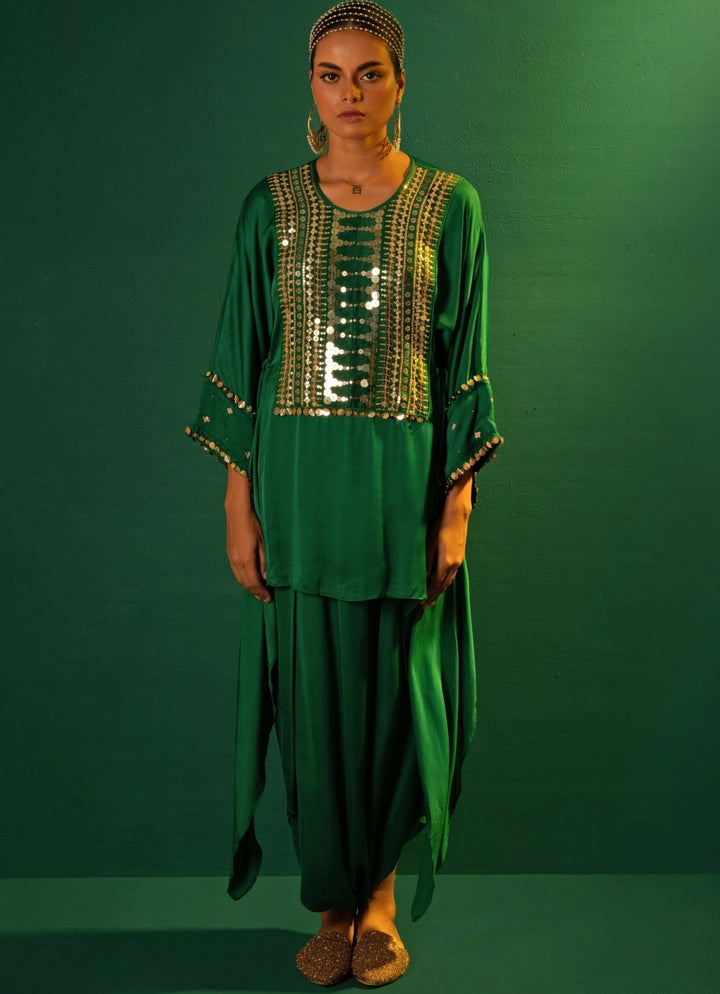 Green Embroidered Asymmetric Tunic And Dhoti Skirt Prahnaaya - Fabilicious Fashion