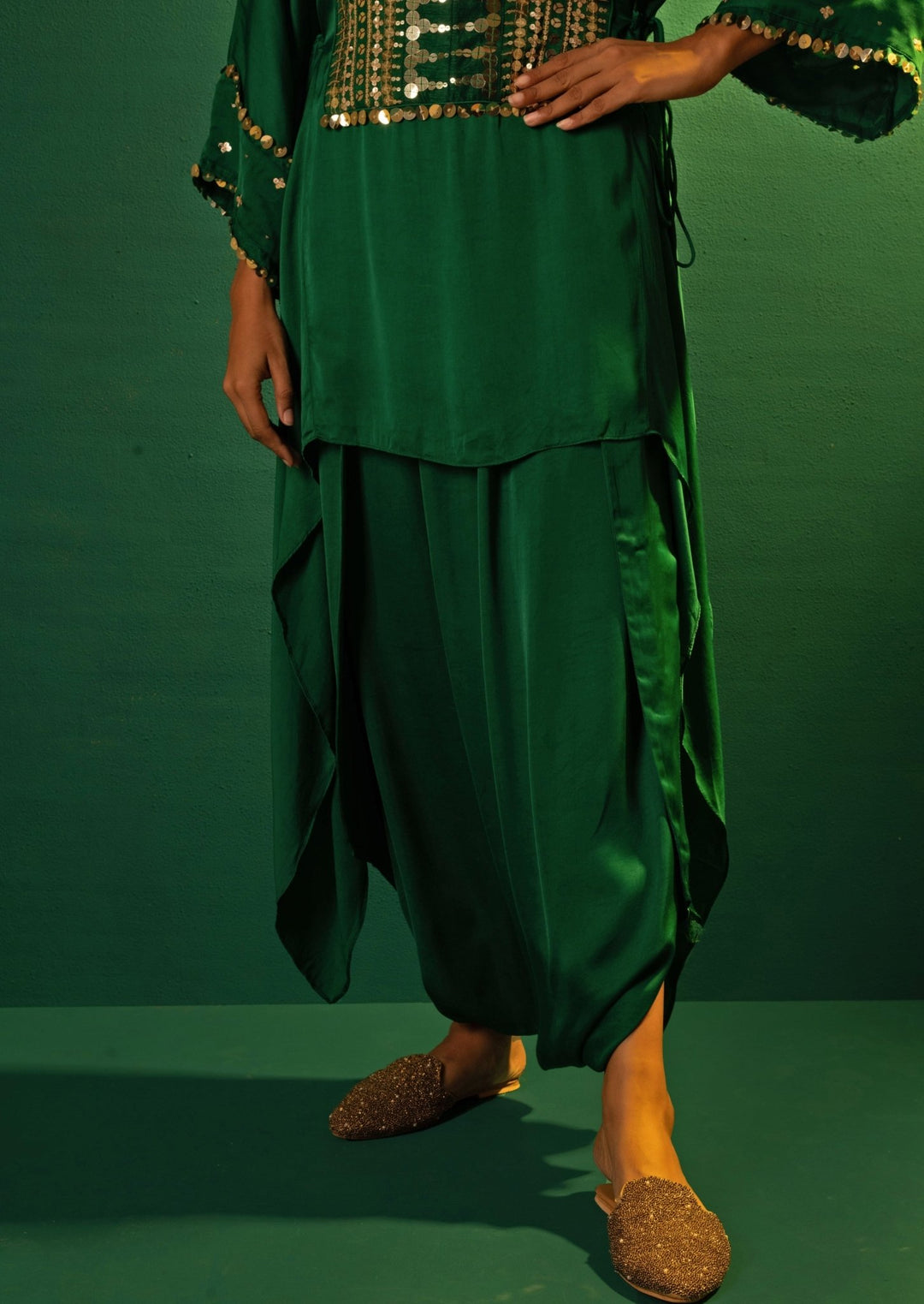 Green Embroidered Asymmetric Tunic And Dhoti Skirt Prahnaaya - Fabilicious Fashion