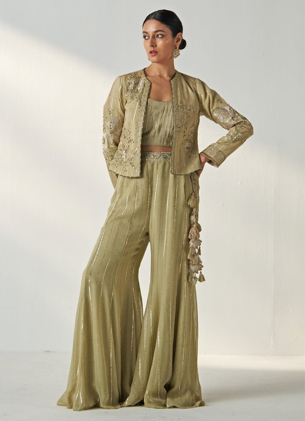 Green Embroidered Blouse Sharara Set With Cape Studio Bagechaa - Fabilicious Fashion