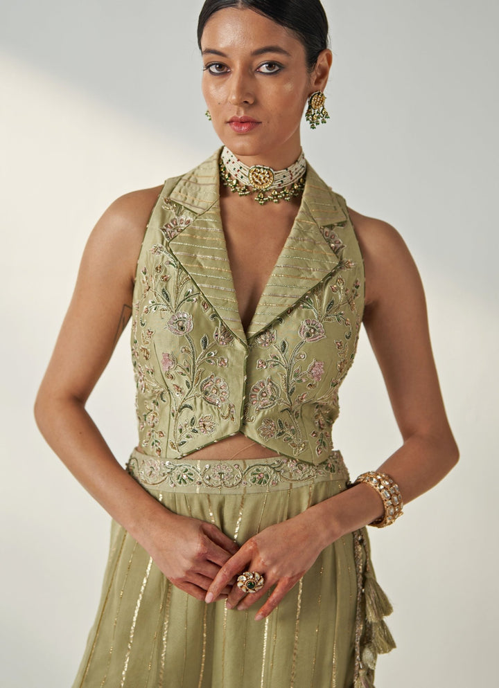 Green Embroidered Blouse Sharara Set With Cape Studio Bagechaa - Fabilicious Fashion