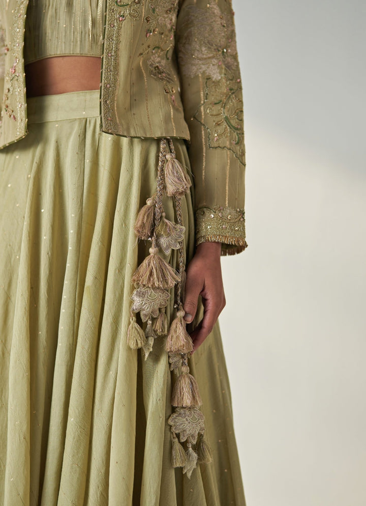 Green Embroidered Chanderi Lehenga Set With Jacket Studio Bagechaa - Fabilicious Fashion