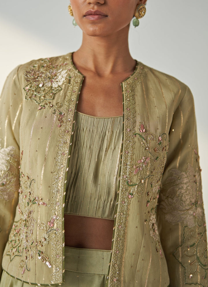 Green Embroidered Chanderi Lehenga Set With Jacket Studio Bagechaa - Fabilicious Fashion