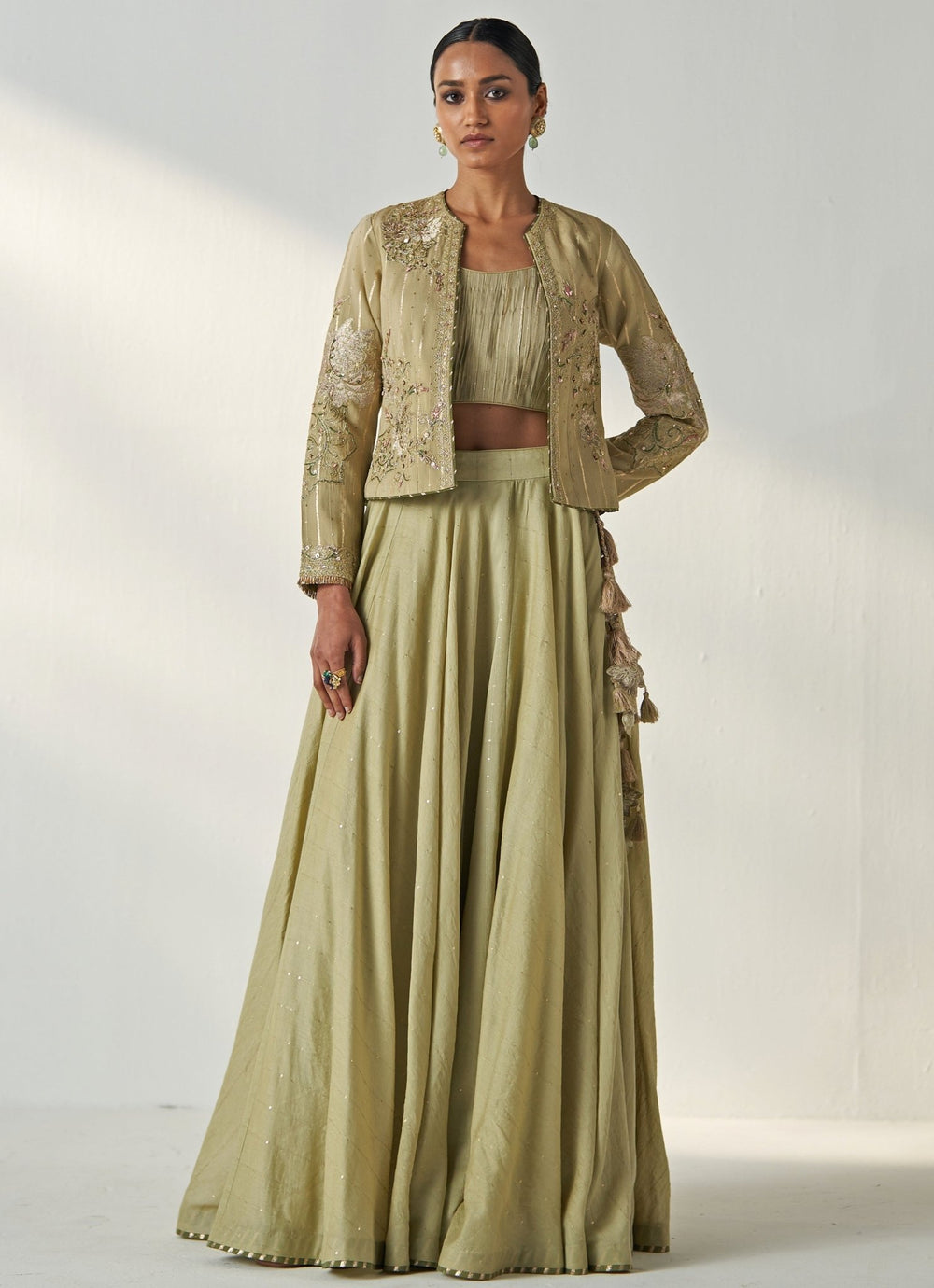 Green Embroidered Chanderi Lehenga Set With Jacket Studio Bagechaa - Fabilicious Fashion