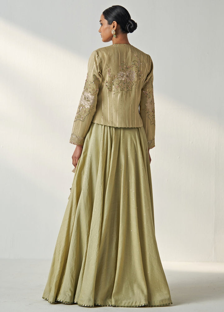Green Embroidered Chanderi Lehenga Set With Jacket Studio Bagechaa - Fabilicious Fashion