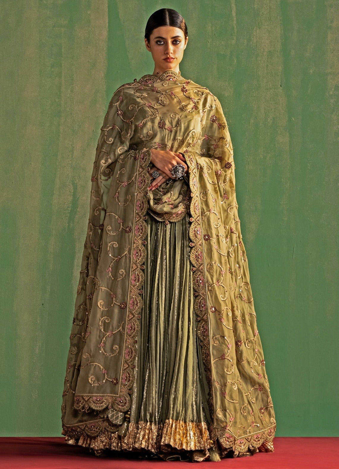 Green Embroidered Chanderi Lehenga Set Studio Bagechaa - Fabilicious Fashion