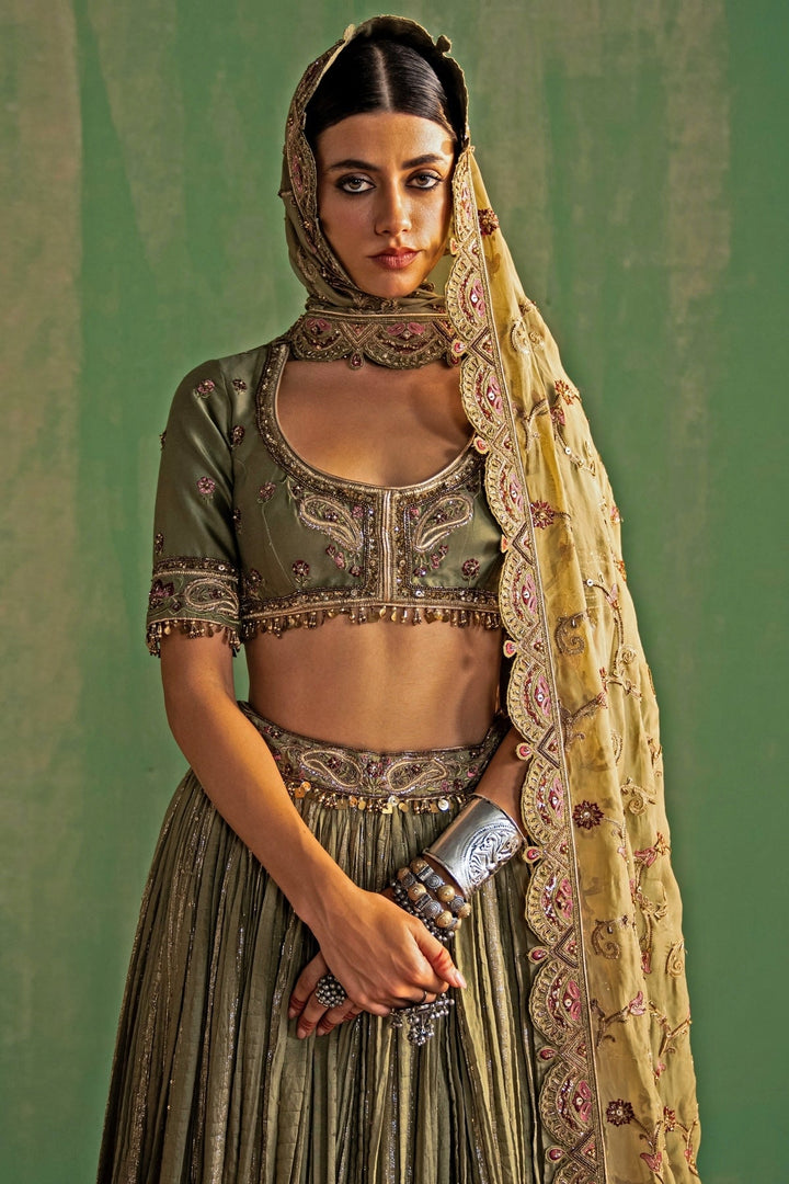 Green Embroidered Chanderi Lehenga Set Studio Bagechaa - Fabilicious Fashion