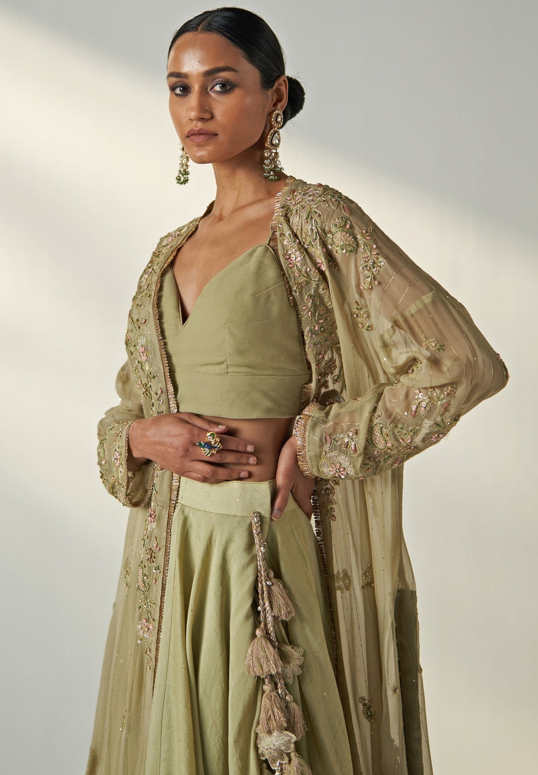 Green Embroidered Chanderi Lehenga With Cape Jacket Studio Bagechaa - Fabilicious Fashion