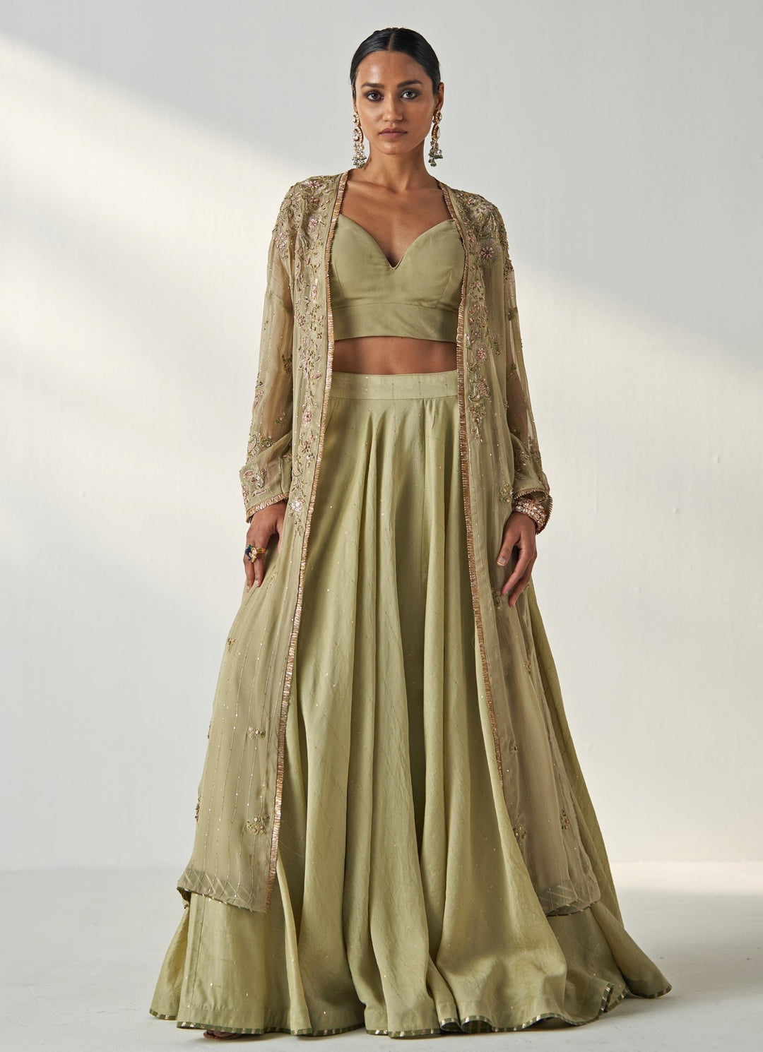 Green Embroidered Chanderi Lehenga With Cape Jacket Studio Bagechaa - Fabilicious Fashion