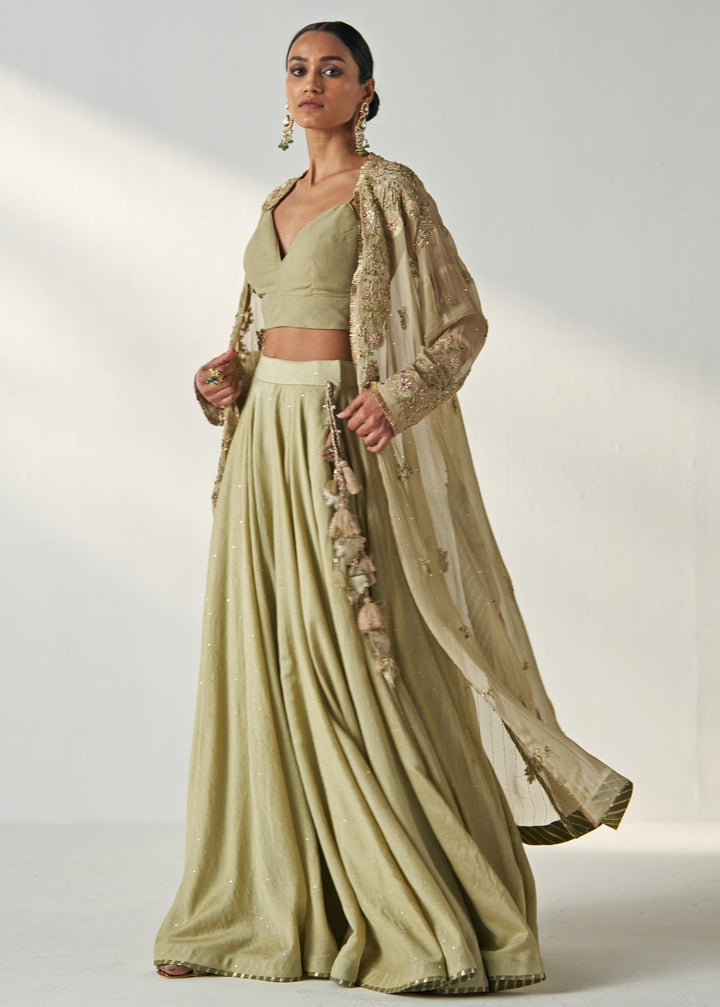 Green Embroidered Chanderi Lehenga With Cape Jacket Studio Bagechaa - Fabilicious Fashion