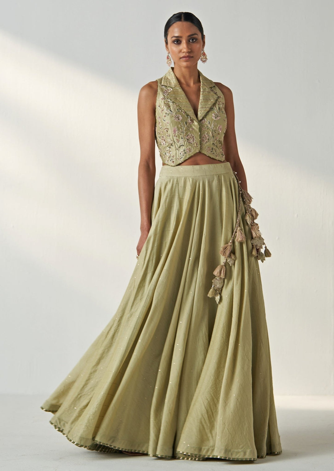 Green Embroidered Chanderi Lehenga With Gilet Top Studio Bagechaa - Fabilicious Fashion
