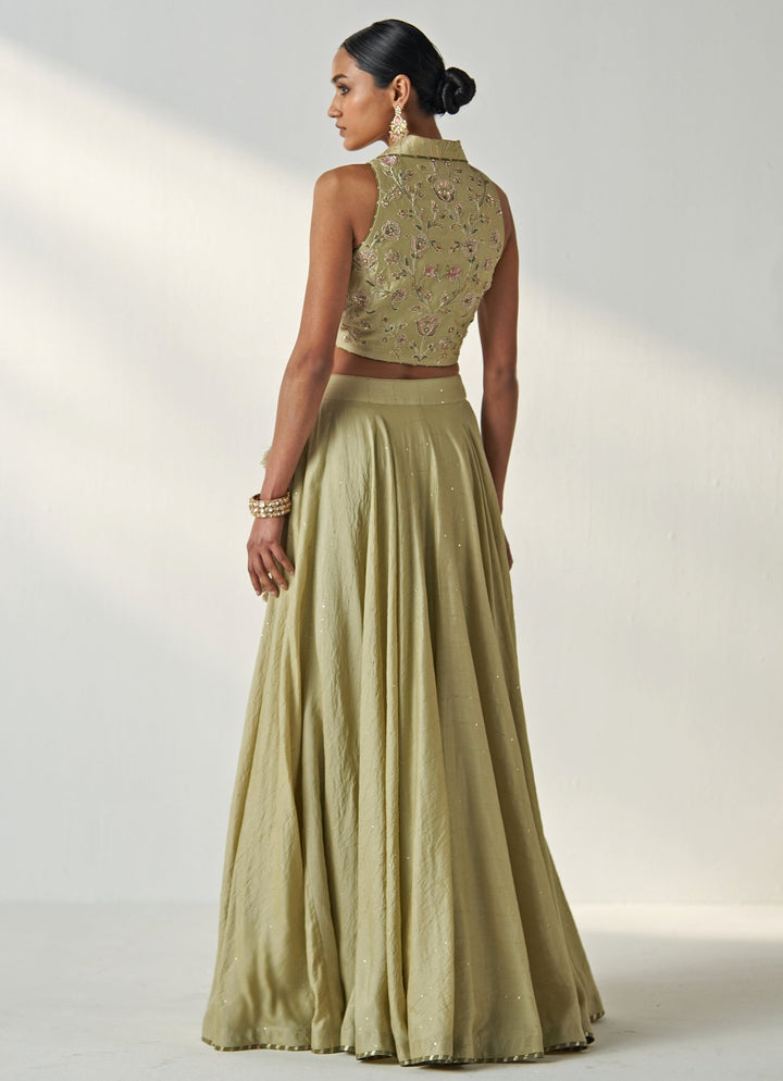 Green Embroidered Chanderi Lehenga With Gilet Top Studio Bagechaa - Fabilicious Fashion