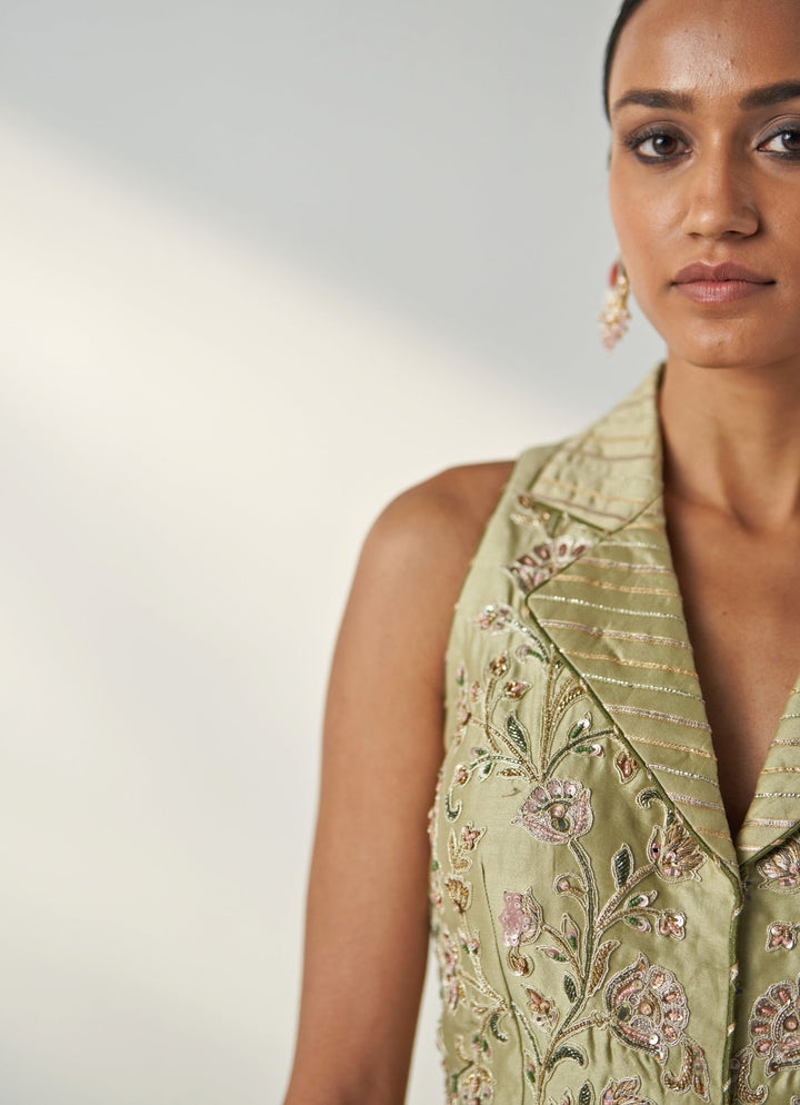 Green Embroidered Chanderi Lehenga With Gilet Top Studio Bagechaa - Fabilicious Fashion