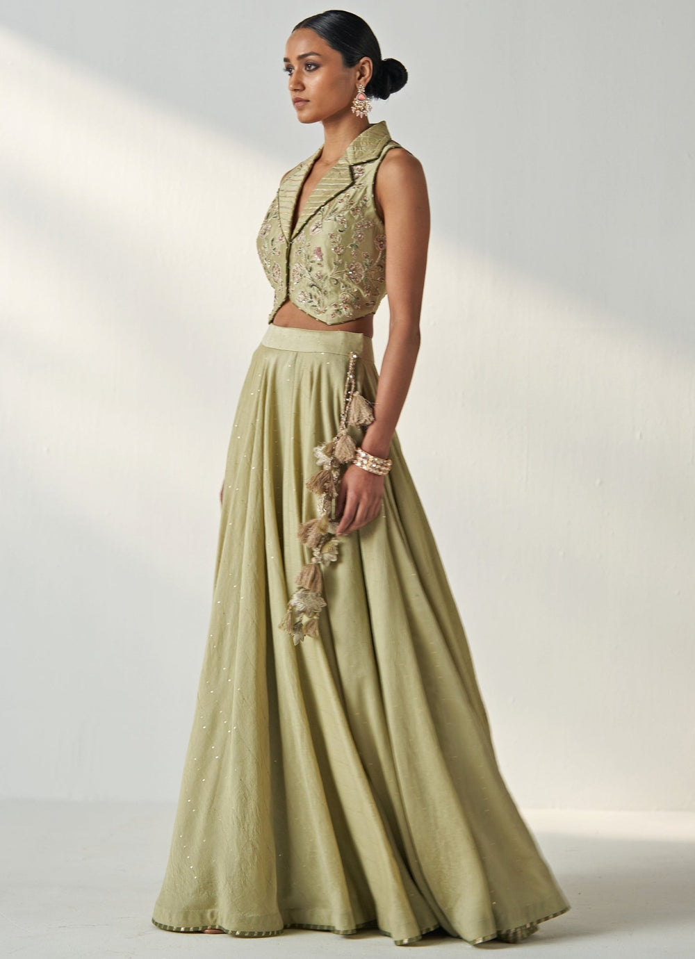 Green Embroidered Chanderi Lehenga With Gilet Top Studio Bagechaa - Fabilicious Fashion