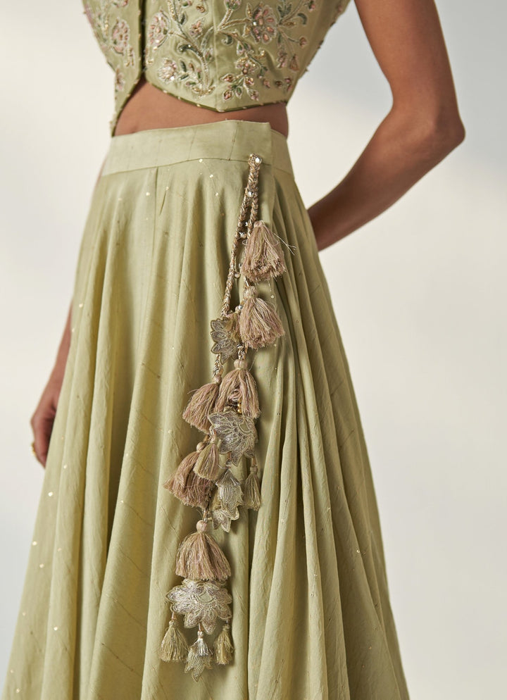 Green Embroidered Chanderi Lehenga With Gilet Top Studio Bagechaa - Fabilicious Fashion