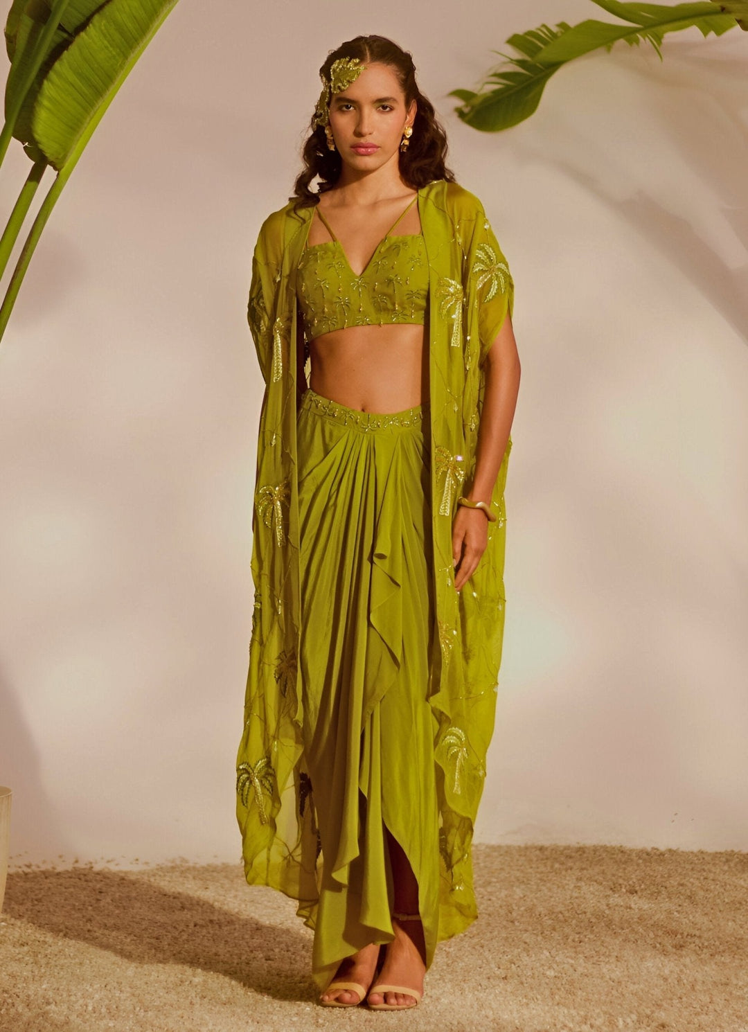 Green Embroidered Draped Skirt Cape Set Silky Bindra - Fabilicious Fashion