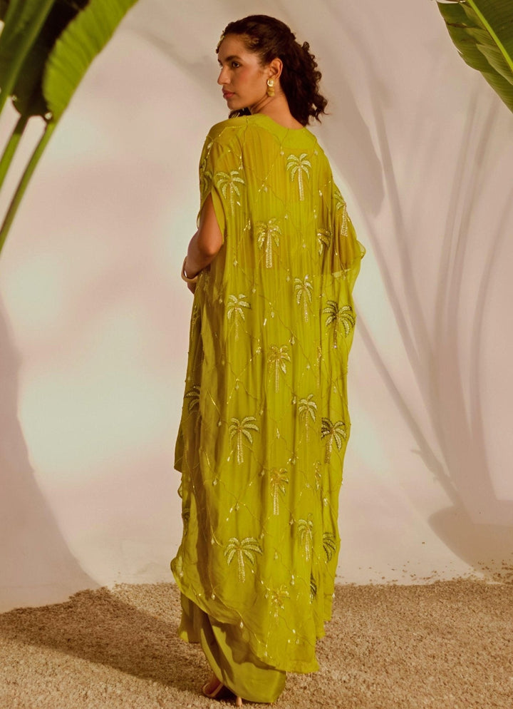 Green Embroidered Draped Skirt Cape Set Silky Bindra - Fabilicious Fashion