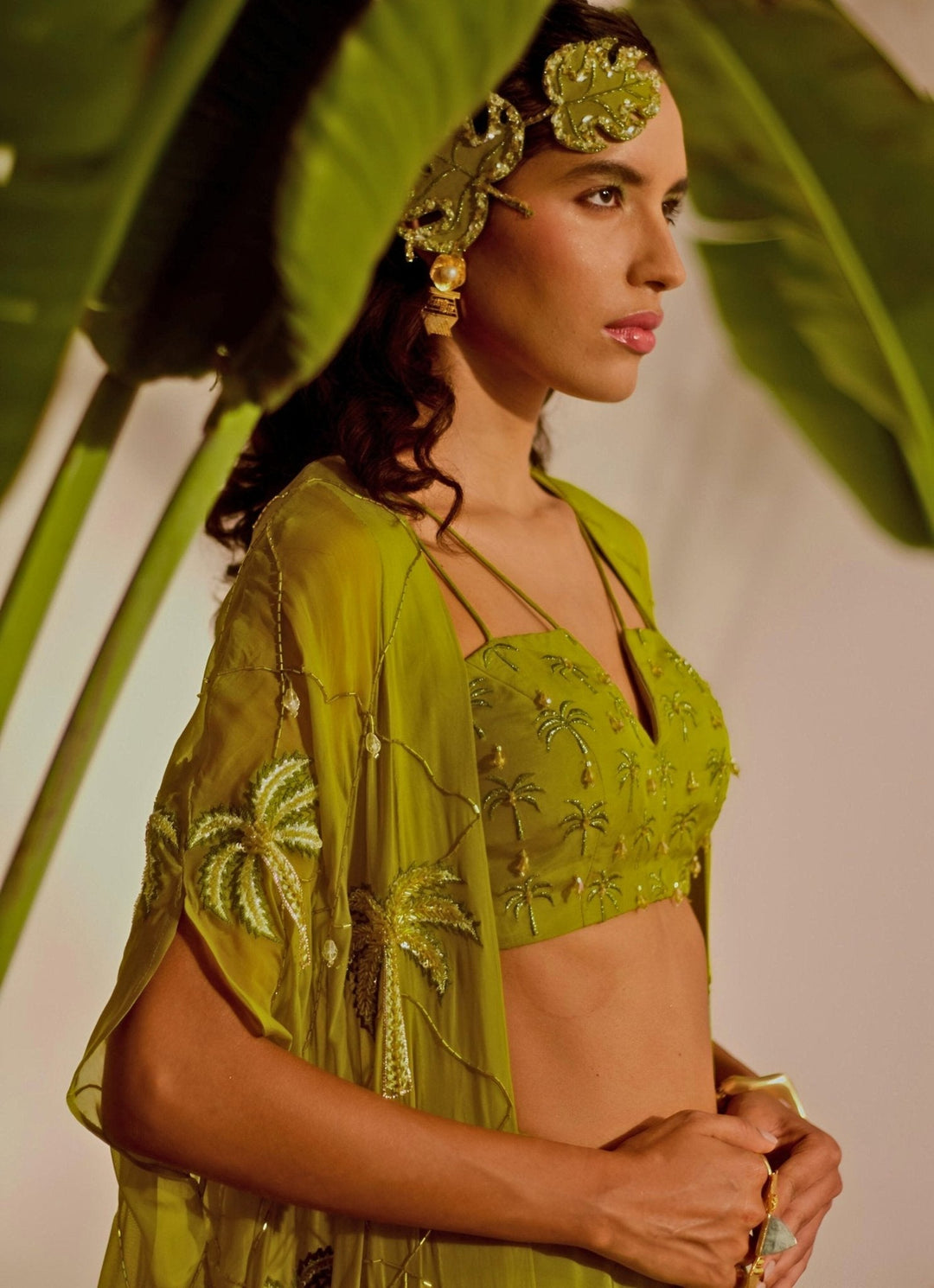 Green Embroidered Draped Skirt Cape Set Silky Bindra - Fabilicious Fashion
