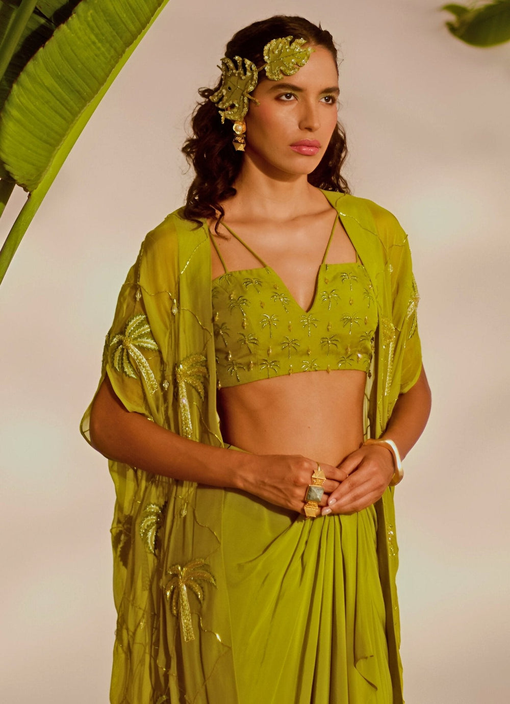 Green Embroidered Draped Skirt Cape Set Silky Bindra - Fabilicious Fashion