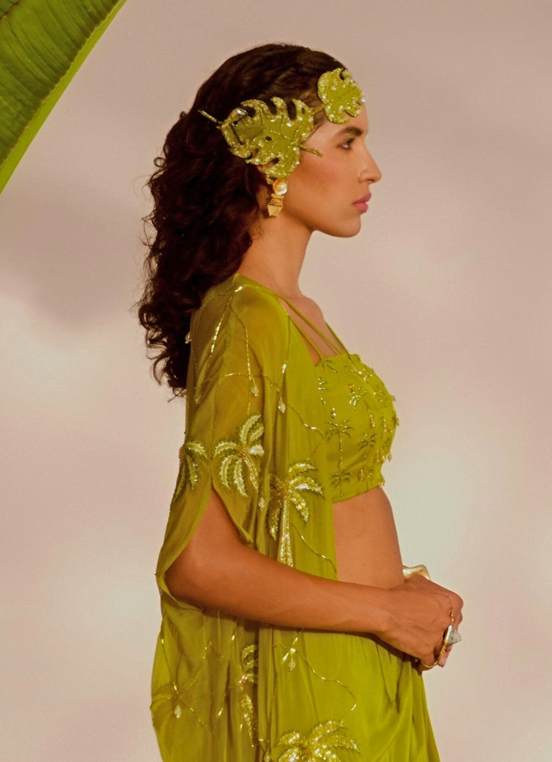Green Embroidered Draped Skirt Cape Set Silky Bindra - Fabilicious Fashion