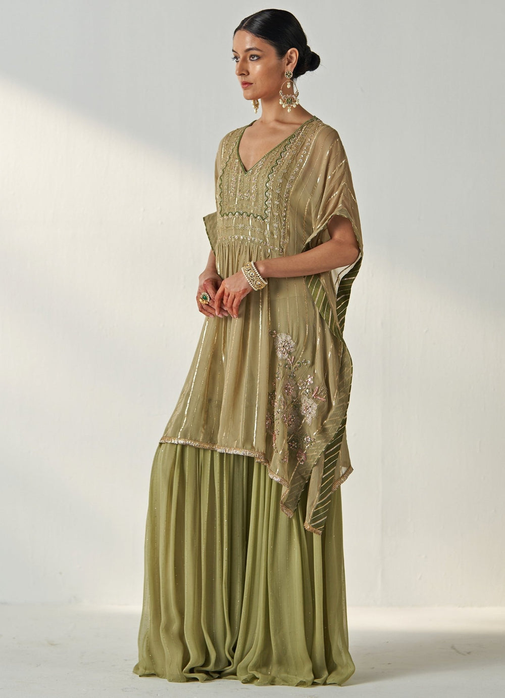 Green Embroidered Georgette Kaftan Kurta Set Studio Bagechaa - Fabilicious Fashion