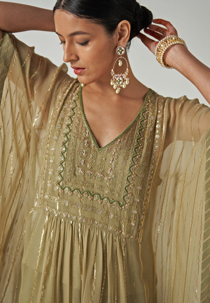 Green Embroidered Georgette Kaftan Kurta Set Studio Bagechaa - Fabilicious Fashion