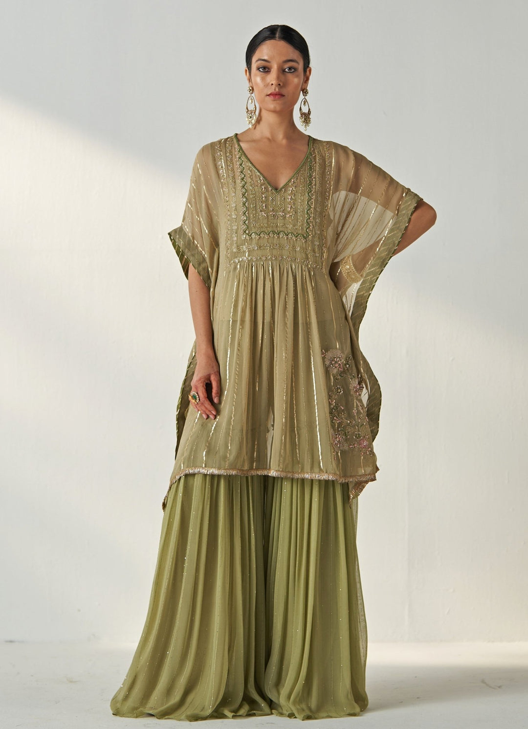 Green Embroidered Georgette Kaftan Kurta Set Studio Bagechaa - Fabilicious Fashion