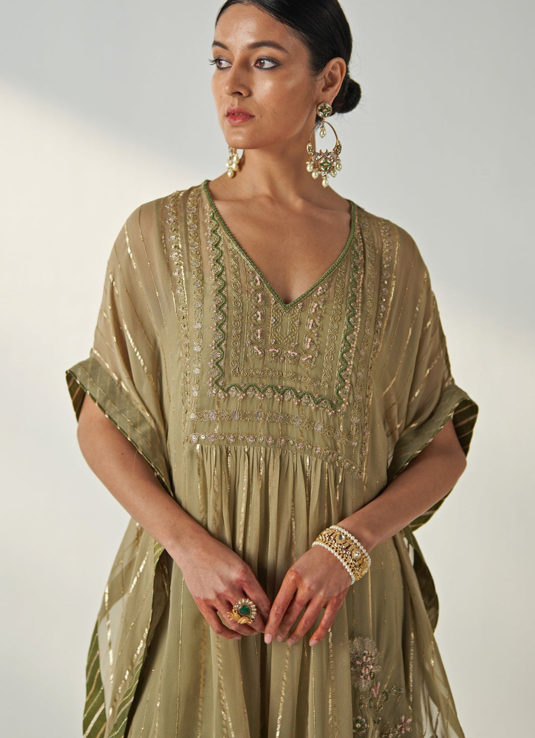 Green Embroidered Georgette Kaftan Kurta Set Studio Bagechaa - Fabilicious Fashion