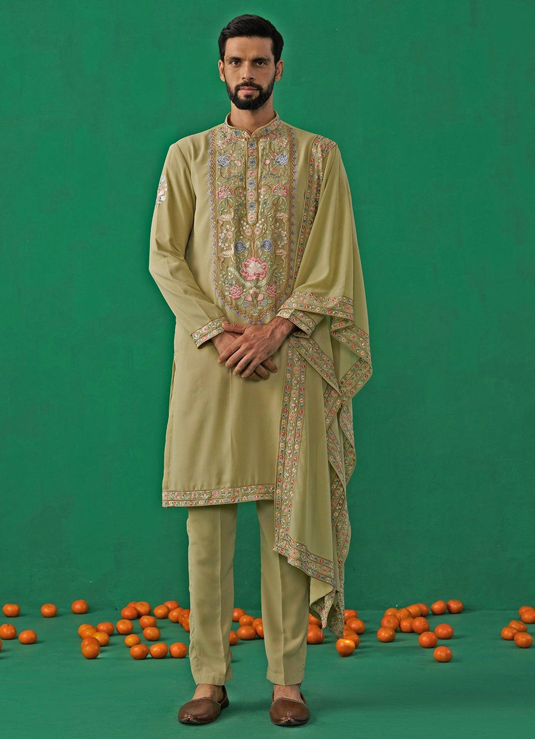 Green Embroidered Georgette Kurta Set Kalpraag - Fabilicious Fashion