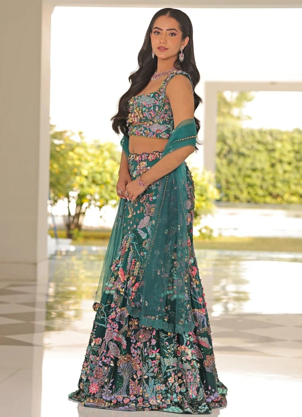 Moledro Green Embroidered Georgette Mermaid Lehenga SetFabilicious Fashion