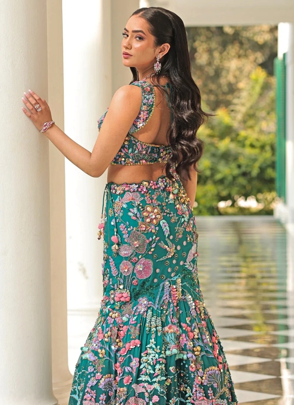 Moledro Green Embroidered Georgette Mermaid Lehenga SetFabilicious Fashion
