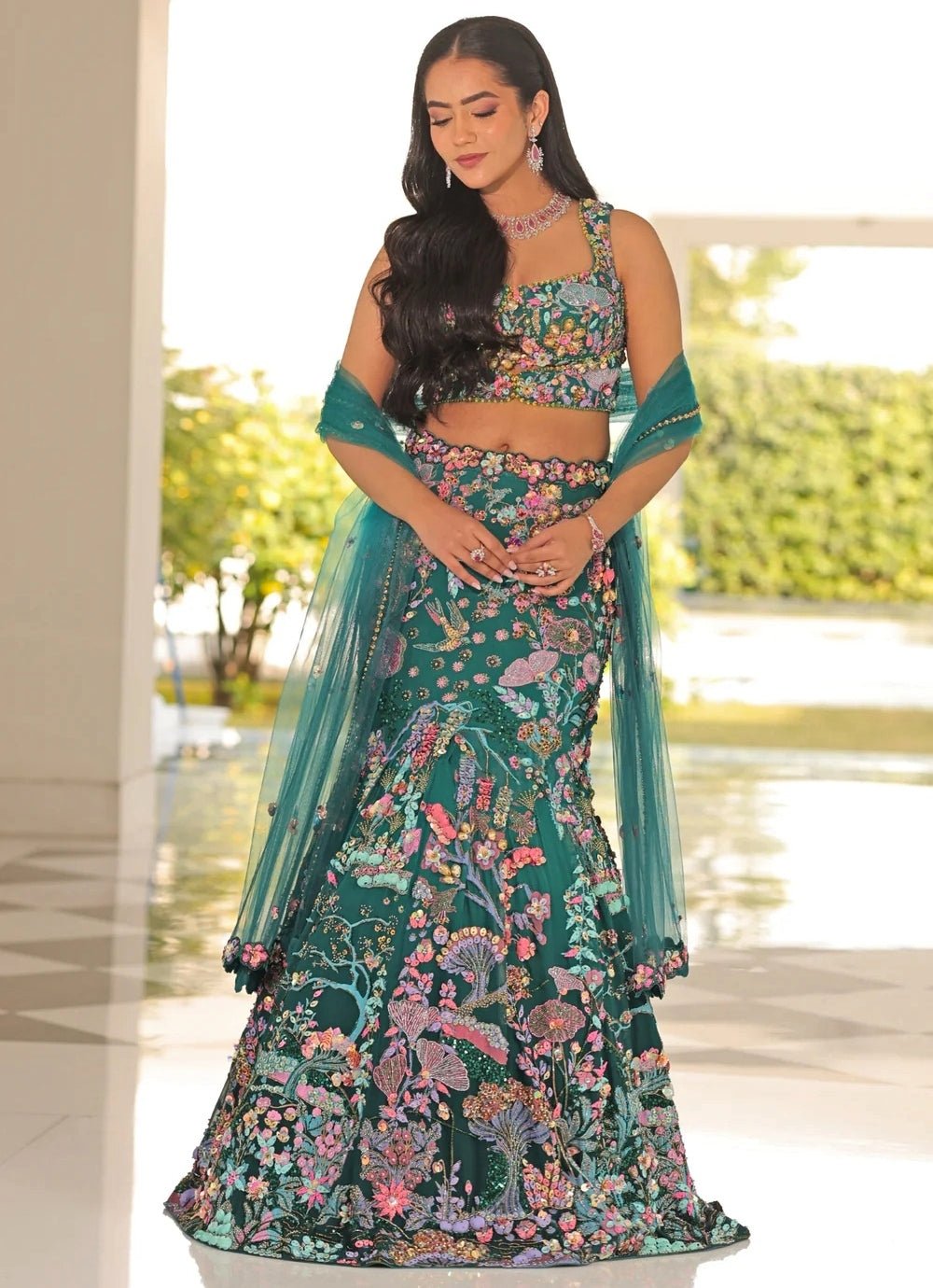 Moledro Green Embroidered Georgette Mermaid Lehenga SetFabilicious Fashion